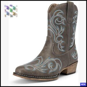 Western Cowgirl Ankle Boots Embroidered Stitched Square Toe Chunky Heel Fashion